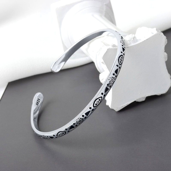 Boho Engraved 925 Sterling‎ Silver Cuff Bracelet, 58cm Adjustable - Picture 9 of 15